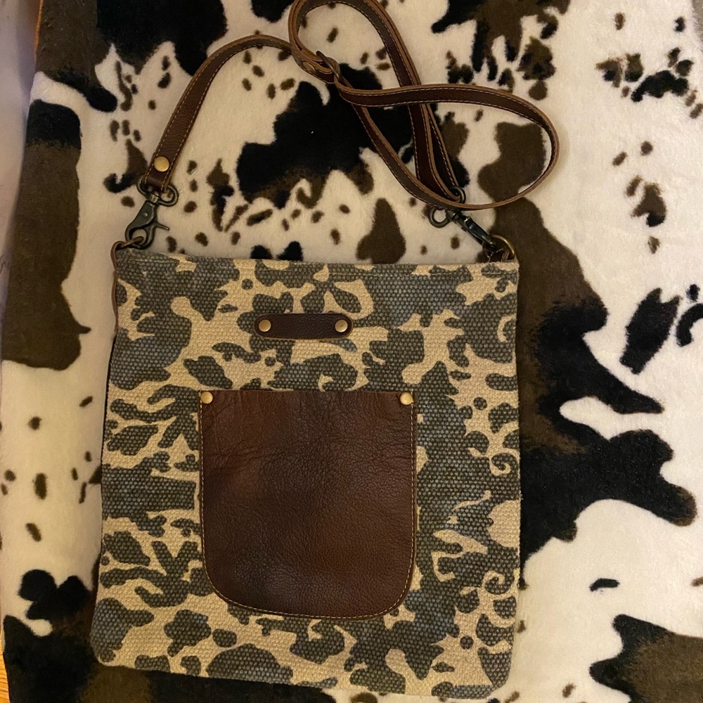 Myra Bag Camo Canvas Brown Leather Crossbody Purse